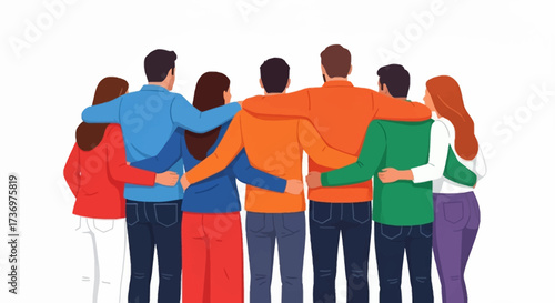 Happy people. Diverse multi-ethnic people character group hugging standing together back view. National cohesion, solidarity and unity illustration. International friendship communication vector