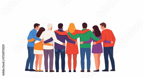 Happy people. Diverse multi-ethnic people character group hugging standing together back view. National cohesion, solidarity and unity illustration. International friendship communication vector