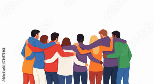 Happy people. Diverse multi-ethnic people character group hugging standing together back view. National cohesion, solidarity and unity illustration. International friendship communication vector