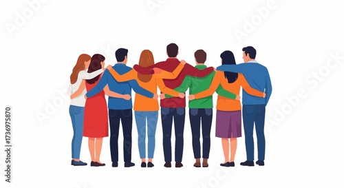 Happy people. Diverse multi-ethnic people character group hugging standing together back view. National cohesion, solidarity and unity illustration. International friendship communication vector