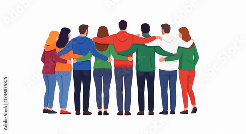 Happy people. Diverse multi-ethnic people character group hugging standing together back view. National cohesion, solidarity and unity illustration. International friendship communication vector