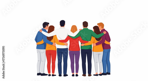 Happy people. Diverse multi-ethnic people character group hugging standing together back view. National cohesion, solidarity and unity illustration. International friendship communication vector