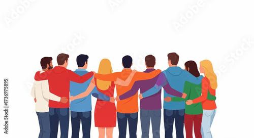 Happy people. Diverse multi-ethnic people character group hugging standing together back view. National cohesion, solidarity and unity illustration. International friendship communication vector
