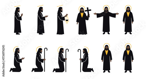 12 black figures with golden halos variations of a biblical figure standing kneeling and holding objects