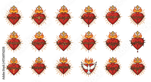 18 hearts each with thorns flames crosses and radiating light one with a dove arranged in 3 rows