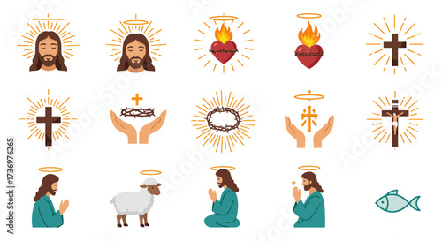 A collection of 15 Christian symbols including Jesus crosses hearts a lamb and a fish