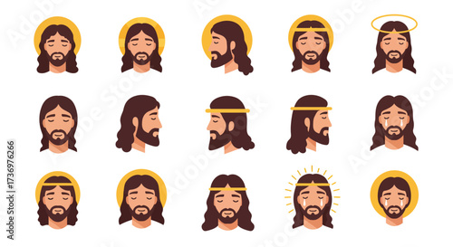 15 Jesus icons faces showing various expressions some with halos or headbands all against a white background