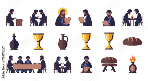 A digital illustration showing scenes of the Last Supper and its components