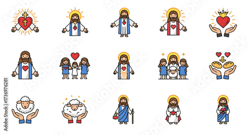 A set of 15 cartoon depictions of Jesus hearts children bread and lambs