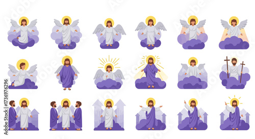 Array of angelic figures some with halos on clouds or with followers some holding crosses
