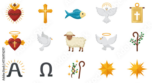 A grid of icons religious symbols including hearts crosses doves a lamb and stars