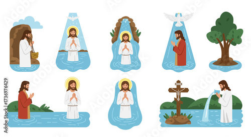 Depiction of Jesus Christ in various baptism scenes including one with a cross set in water