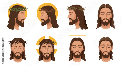 Depicts various minimalist illustrations of Jesus Christ with crowns and halos