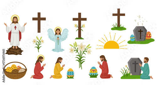 Easter symbols Jesus crosses angel sunrise  decorated eggs