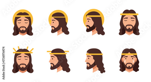 Eight Jesuslike figures with halos or crowns in front and side views with varying expressions