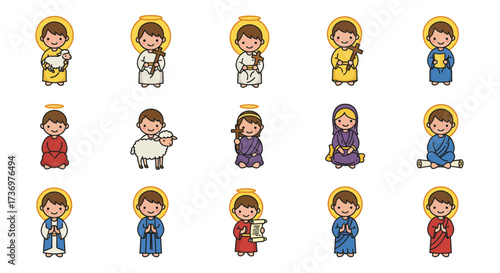 Fifteen religious cartoon figures are arranged in rows of various colors and holding different objects on a white background