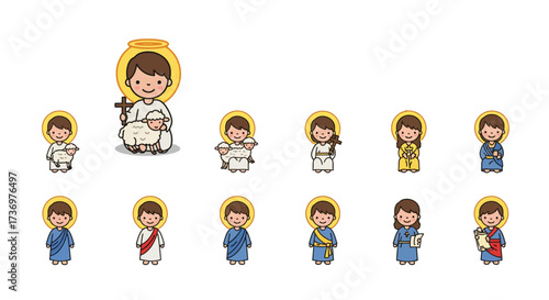 Eleven cartoonish Christian saints with haloes and biblical references