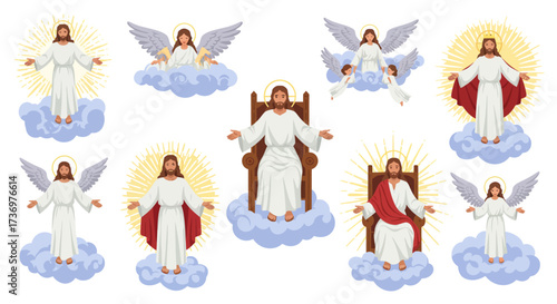 It shows nine cartoonlike depictions of Jesus Christ and angels on clouds