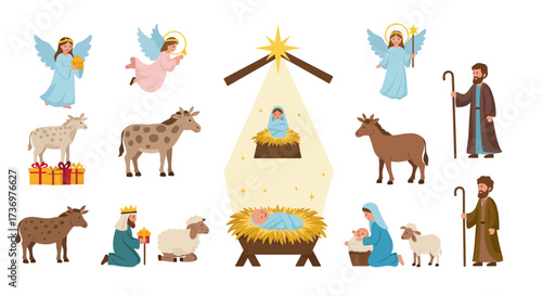 Nativity scene baby Jesus in manger Mary Joseph angels magi shepherd lambs donkey ox under the star