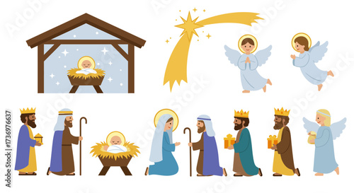 Nativity scene Baby Jesus in a manger star angels three wise men and Mary  Joseph
