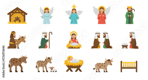Nativity scene icons display angels shepherds Mary Joseph baby Jesus animals and the stable