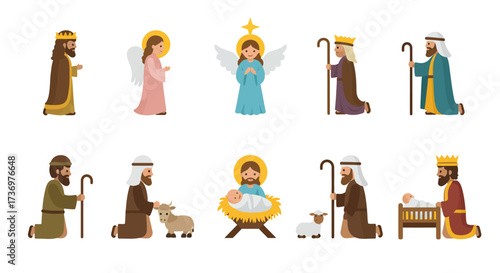 Nativity scene depicts Jesus Mary Joseph 3 kings angels a shepherd a lamb and an ox
