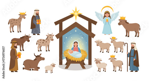 Nativity scene with Mary baby Jesus manger animals and wise men