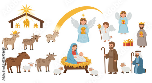 Nativity scene with Mary Joseph baby Jesus angels 3 kings shepherds animals and gifts under the star of Bethlehem