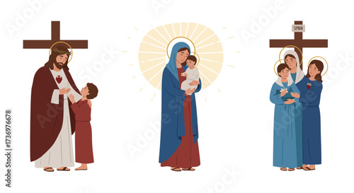 Religious figures depicted with crosses and children creating a serene spiritual scene