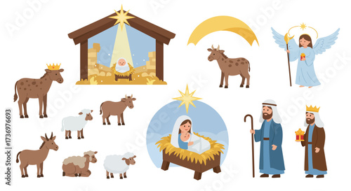 Nativity scene illustration with baby Jesus Mary Joseph wise men angel animals and manger