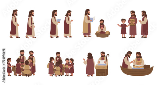 Pixel art depicts biblical scenes with Jesus interacting with people children and performing miracles