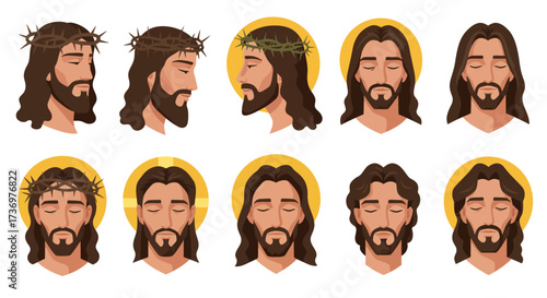 Ten illustrations showing Jesus with closed eyes some with a crown of thorns or a halo