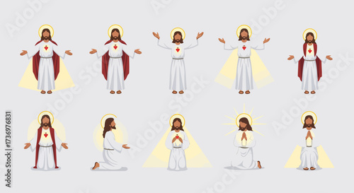 Ten Jesus Christ figures pose some kneeling others standing with open arms each with a halo