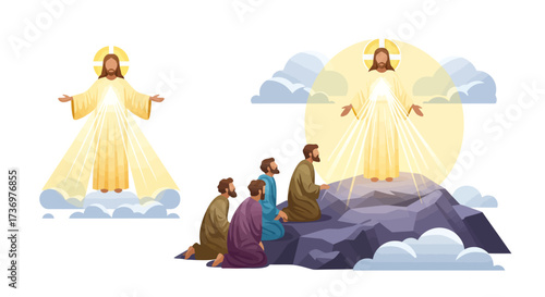 The image features Jesus in radiant light with kneeling figures on a rocky mountain and clouds