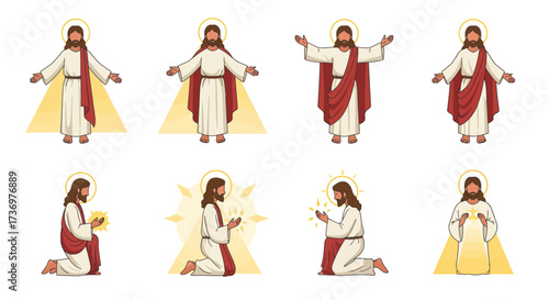 The image features cartoon illustrations of Jesus Christ in different poses