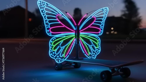 Neon Butterfly on Skateboard at Dusk - Vibrant Light Art.