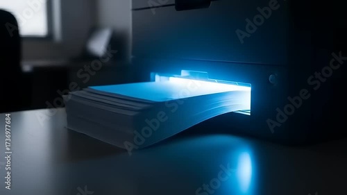 Printer Printing Documents with Blue Light Illuminating Paper.