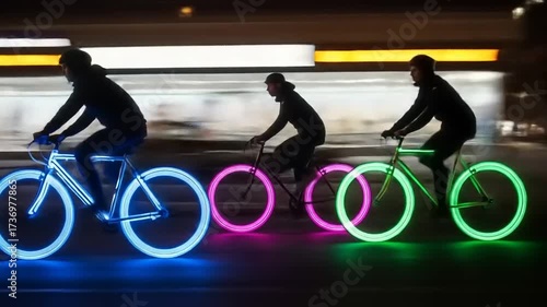 Three cyclists ride bikes with glowing wheels at night, creating a vibrant and dynamic scene.