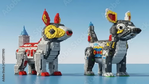 Two colorful dog-shaped sculptures made from building blocks, standing against a blue background, showcasing intricate details and playful designs.