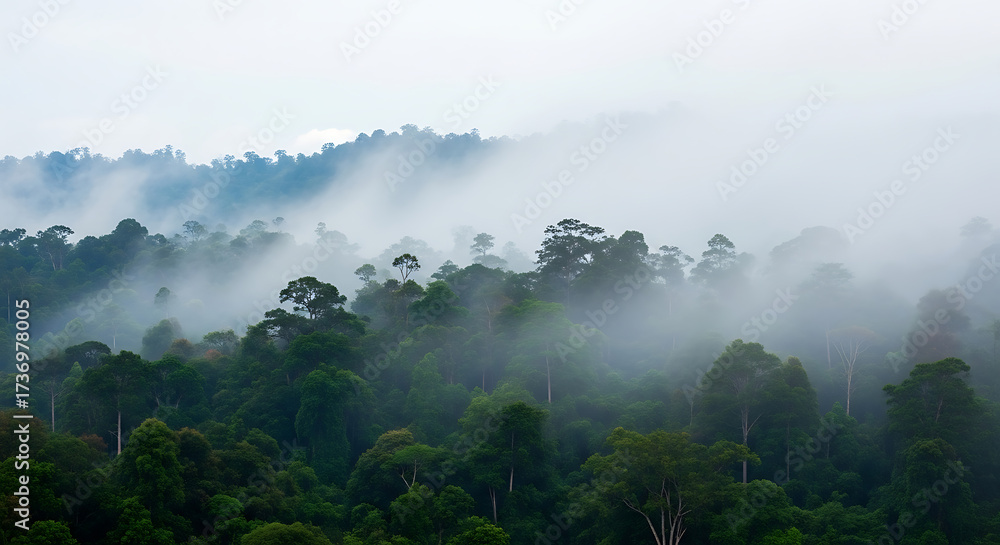 Obraz premium Tropical Rainforest Fog, Misty Jungle Canopy, Southeast Asia Landscape