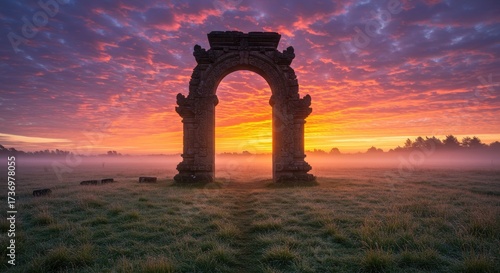 Ancient Archway at Sunrise with Misty Field