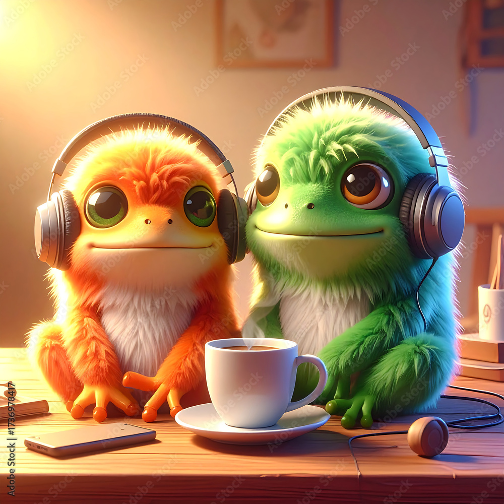 Fototapeta premium Cozy Creatures' Serenade: Two cute, cartoonish creatures with vibrant fur and oversized eyes enjoy a cup of coffee. They're plugged into headphones, lost in the magic of sound.