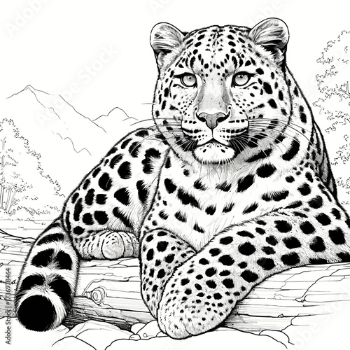 Black and White Line Art Illustration of a Leopard Resting on a Log

