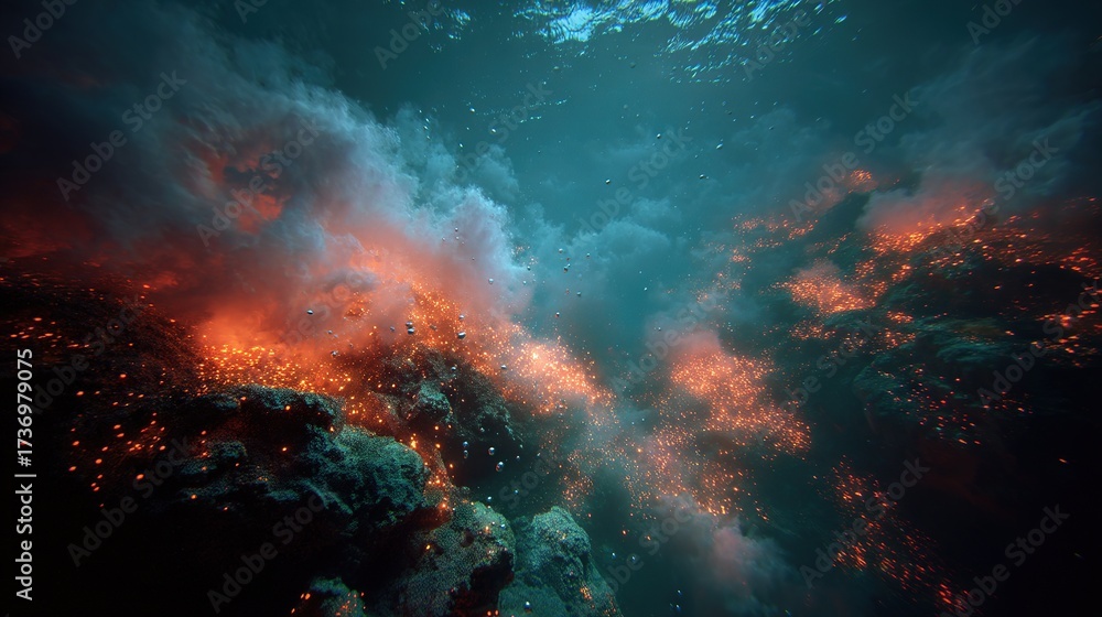 Fototapeta premium Underwater scene near volcanic hot springs with shimmering bubbles