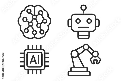 Artificial intelligence AI icon set. Linear style symbols. Neural network brain, machine learning. Robot head, robotics. Automation with robotic arm. Tech cpu processor vector.