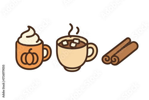 Autumn beverage icon set with pumpkin spice latte, hot chocolate, and cinnamon. Vector cartoon illustration for fall season drinks. Cozy coffee shop menu elements collection.