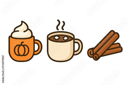 Autumn beverage icon set. Pumpkin spice latte, hot chocolate with marshmallows, cinnamon sticks. Cozy fall drink collection. Minimalist cartoon vector illustration for design.
