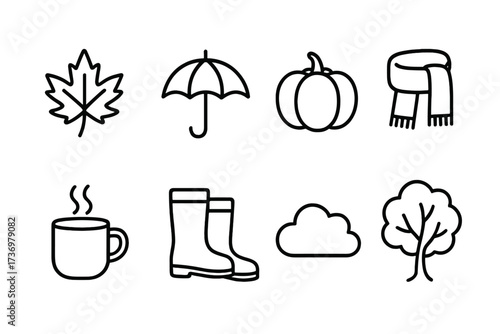 Autumn icon set. Fall season linear icons collection. Weather, clothes and food symbols. Maple leaf, umbrella, pumpkin, scarf, hot drink, boots, cloud, tree. Vector.