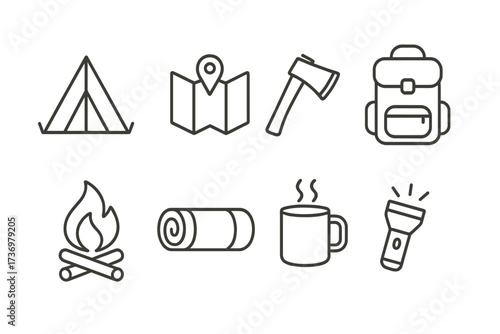 Set of camping and hiking outline icons. Outdoor adventure and travel equipment symbols. Minimalist vector collection with tent, map, campfire, backpack, and axe.