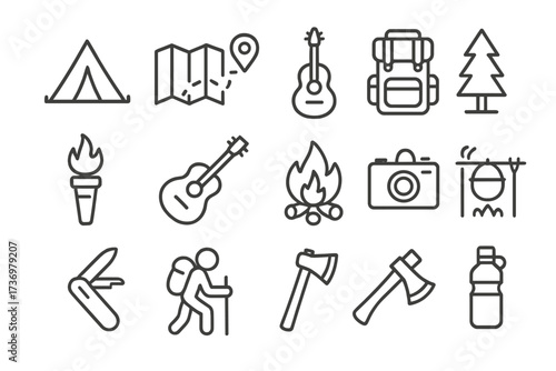 Set of outdoor adventure and camping vector line icons. Hiking equipment, survival gear, and nature exploration symbols. Includes tent, campfire, backpack, map, axe, and guitar.